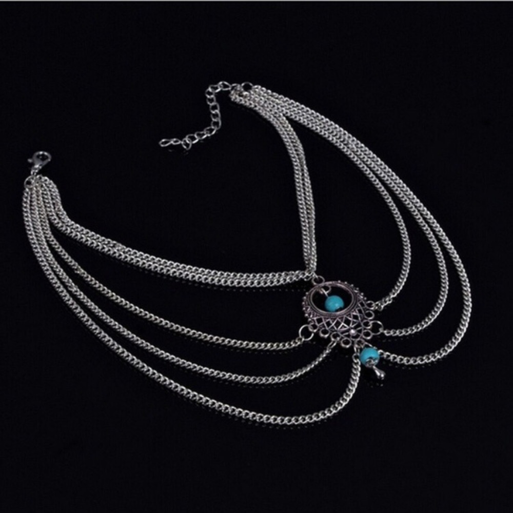 Boho silver blue beaded ankle bracelet - Picture 3 of 5